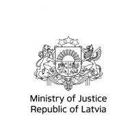 Tieslietu ministrijas vienkrāsas logo angļu valodā