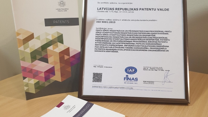 Patentu valdes pakalpojumi ir atzīti par atbilstošiem starptautiskā standarta ISO 9001:2015 prasībām
