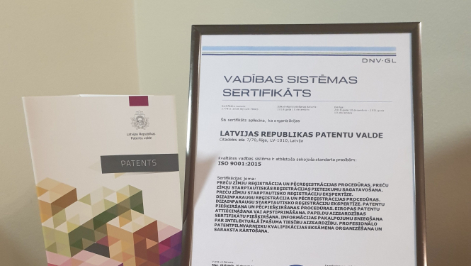 Patentu valdes pakalpojumi ir atzīti par atbilstošiem starptautiskā standarta ISO 9001:2015 prasībām