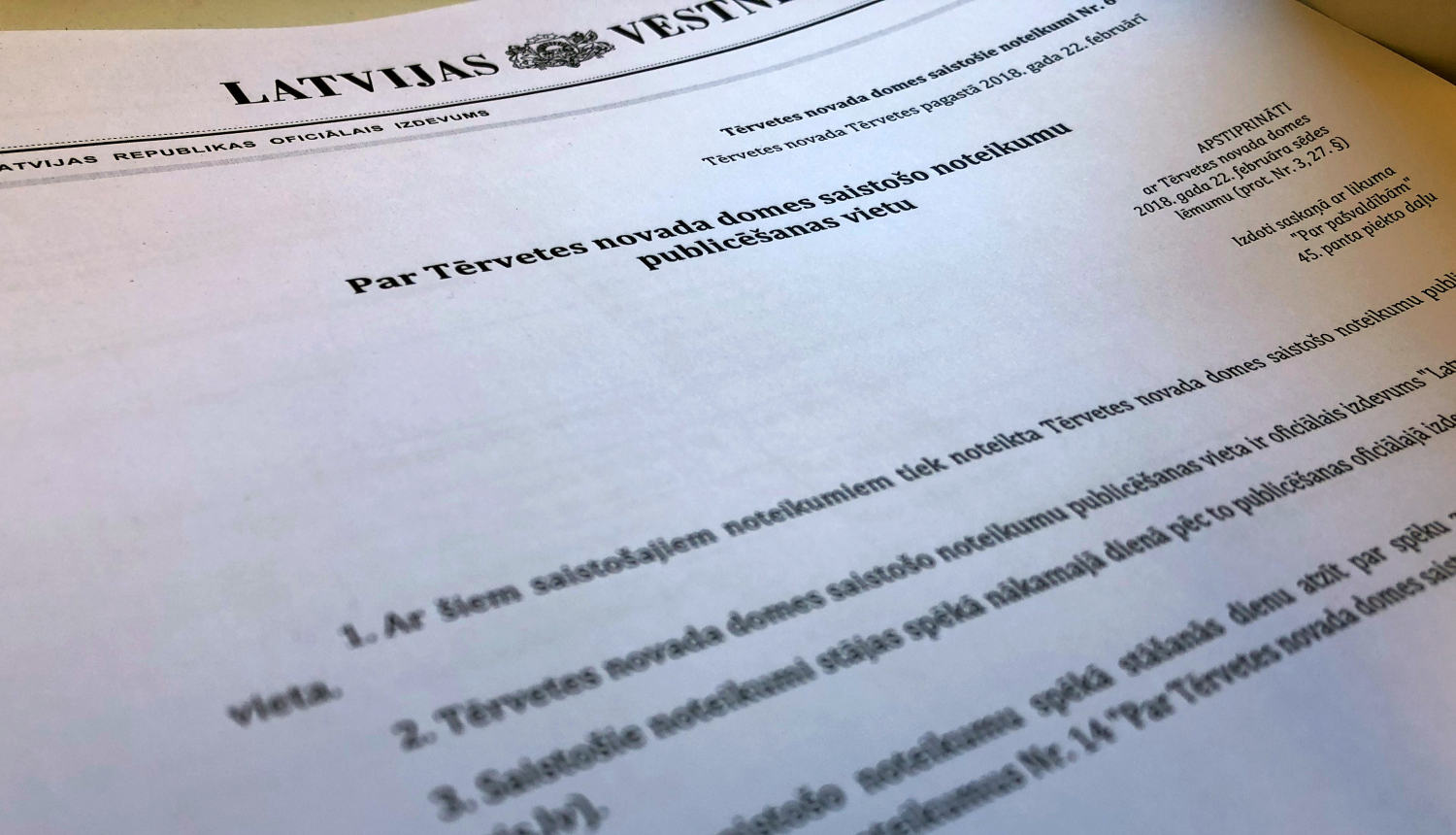 Tērvetes novads par saistošo noteikumu publicēšanas vietu izvēlas “Latvijas Vēstnesi”